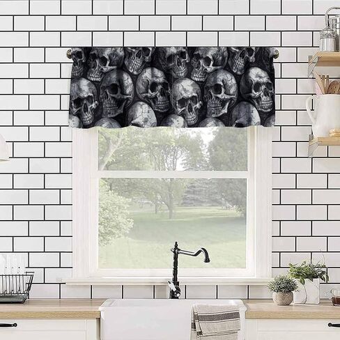 Gothic Window Valance Curtains Black Skull Pattern Short Curtain for Kitchen Living Room Bathroom Windows W54xL18in in Kuwait