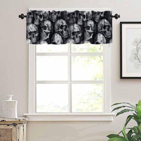 Gothic Window Valance Curtains Black Skull Pattern Short Curtain for Kitchen Living Room Bathroom Windows W54xL18in in Kuwait