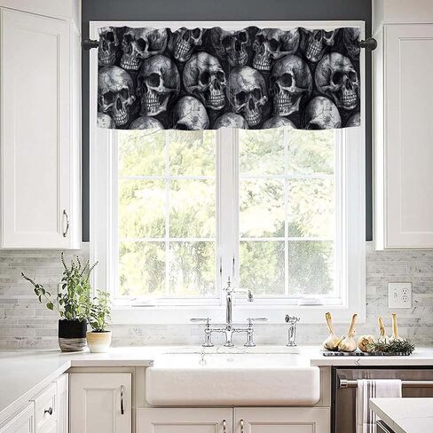 Gothic Window Valance Curtains Black Skull Pattern Short Curtain for Kitchen Living Room Bathroom Windows W54xL18in in Kuwait