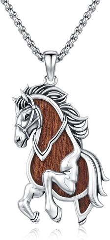 MEDWISE Wooden Lucky Horse Necklace S925 Sterling Silver Real Natural Ebony Wood Pendant Running Horse Jewelry for Men Women Lover Wife Husband Friend Valentine's Day Birthday Gifts in Saudi Arabia