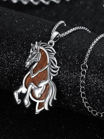 MEDWISE Wooden Lucky Horse Necklace S925 Sterling Silver Real Natural Ebony Wood Pendant Running Horse Jewelry for Men Women Lover Wife Husband Friend Valentine's Day Birthday Gifts in Saudi Arabia