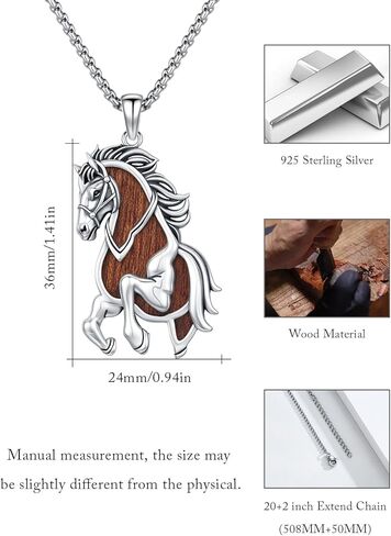 MEDWISE Wooden Lucky Horse Necklace S925 Sterling Silver Real Natural Ebony Wood Pendant Running Horse Jewelry for Men Women Lover Wife Husband Friend Valentine's Day Birthday Gifts in Saudi Arabia