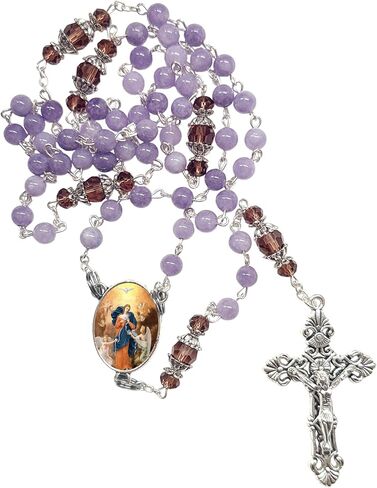 Mary Untier of Knots Maria Desatanudos Lavender Crystal Rosary with Amethyst Pater Noster Capped Beads Silver Plated Bezel Centerpiece with Color Image and a Prayer Card Eng or Spa in Kuwait