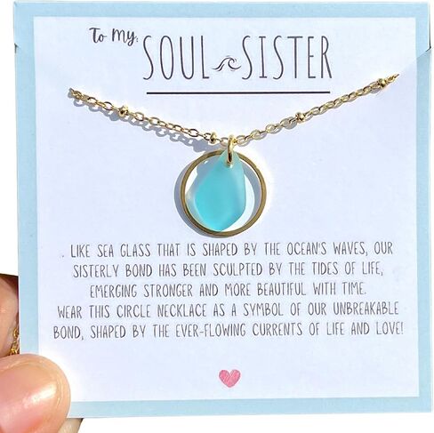 Soul Sister Sea Glass Necklace Gold Beach Glass Pendant Circle Necklace Unbiological Sister Gift Gold Best Friends Necklace Gift in Saudi Arabia