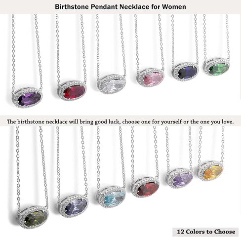 Belacqua Gemstone Necklace in Sterling Silver,Halo Pendant with Accent, Oval Cut 6 * 12mm, 15" Cable Chain with 2" Extender, Spring Ring Clasp, Dainty Birthstone Necklace for Women, Gift Box Included in Saudi Arabia