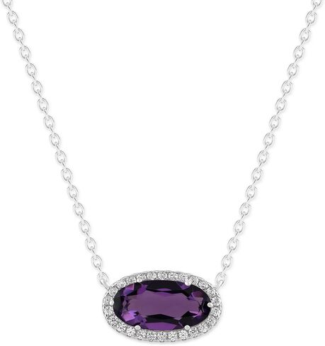 Belacqua Gemstone Necklace in Sterling Silver,Halo Pendant with Accent, Oval Cut 6 * 12mm, 15" Cable Chain with 2" Extender, Spring Ring Clasp, Dainty Birthstone Necklace for Women, Gift Box Included in Saudi Arabia