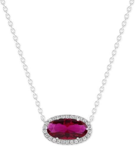 Belacqua Gemstone Necklace in Sterling Silver,Halo Pendant with Accent, Oval Cut 6 * 12mm, 15" Cable Chain with 2" Extender, Spring Ring Clasp, Dainty Birthstone Necklace for Women, Gift Box Included in Saudi Arabia