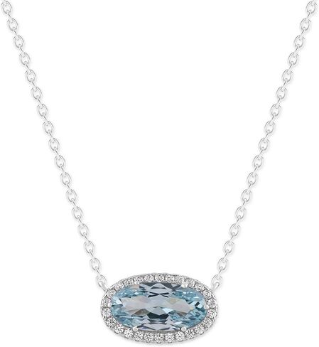 Belacqua Gemstone Necklace in Sterling Silver,Halo Pendant with Accent, Oval Cut 6 * 12mm, 15" Cable Chain with 2" Extender, Spring Ring Clasp, Dainty Birthstone Necklace for Women, Gift Box Included in Saudi Arabia