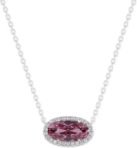 Belacqua Gemstone Necklace in Sterling Silver,Halo Pendant with Accent, Oval Cut 6 * 12mm, 15" Cable Chain with 2" Extender, Spring Ring Clasp, Dainty Birthstone Necklace for Women, Gift Box Included in Saudi Arabia