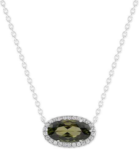 Belacqua Gemstone Necklace in Sterling Silver,Halo Pendant with Accent, Oval Cut 6 * 12mm, 15" Cable Chain with 2" Extender, Spring Ring Clasp, Dainty Birthstone Necklace for Women, Gift Box Included in Saudi Arabia