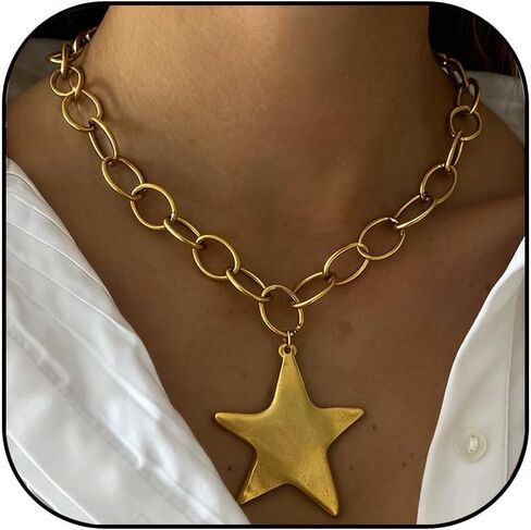 Chunky Gold Star Necklace for Women Big Star Statement Necklace Thick Pentagram Geometric Pendant Necklaces Birthday Jewelry Gifts in Saudi Arabia