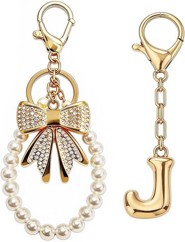 Initial Bag Charms Keychain - 2 Pcs Cute Rhinestone Bow Pearl Keyring Purse Charm for Handbags Women Birthday Gifts in Saudi Arabia