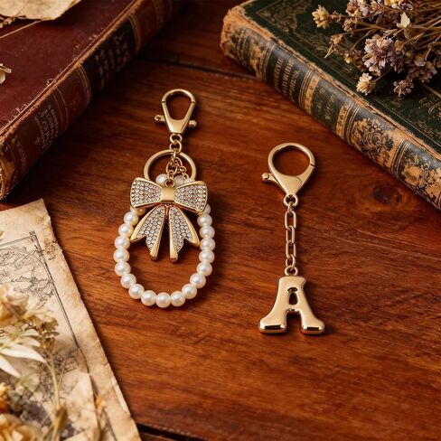 Initial Bag Charms Keychain - 2 Pcs Cute Rhinestone Bow Pearl Keyring Purse Charm for Handbags Women Birthday Gifts in Saudi Arabia