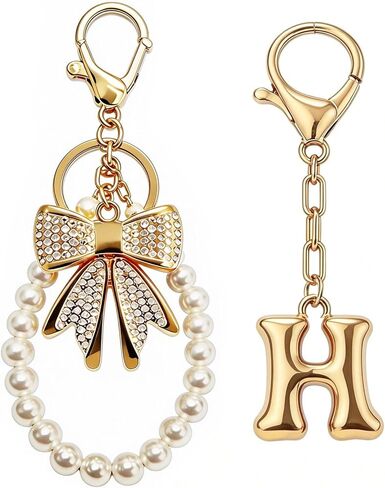 Initial Bag Charms Keychain - 2 Pcs Cute Rhinestone Bow Pearl Keyring Purse Charm for Handbags Women Birthday Gifts in Kuwait