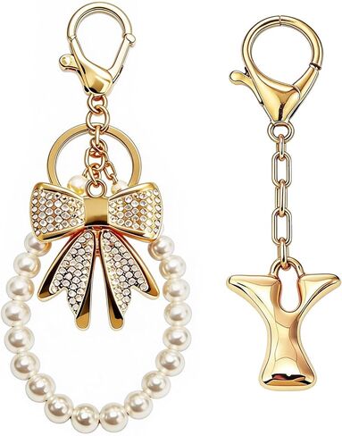 Initial Bag Charms Keychain - 2 Pcs Cute Rhinestone Bow Pearl Keyring Purse Charm for Handbags Women Birthday Gifts in Saudi Arabia