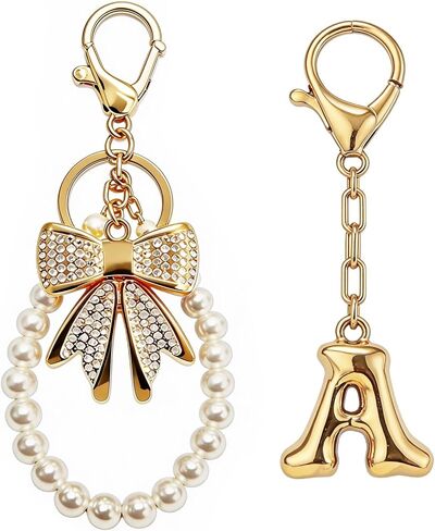 Initial Bag Charms Keychain - 2 Pcs Cute Rhinestone Bow Pearl Keyring Purse Charm for Handbags Women Birthday Gifts in Saudi Arabia