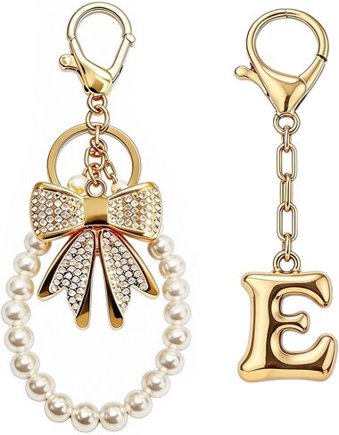 Initial Bag Charms Keychain - 2 Pcs Cute Rhinestone Bow Pearl Keyring Purse Charm for Handbags Women Birthday Gifts in Saudi Arabia