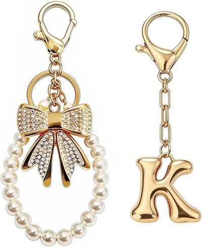 Initial Bag Charms Keychain - 2 Pcs Cute Rhinestone Bow Pearl Keyring Purse Charm for Handbags Women Birthday Gifts in Saudi Arabia