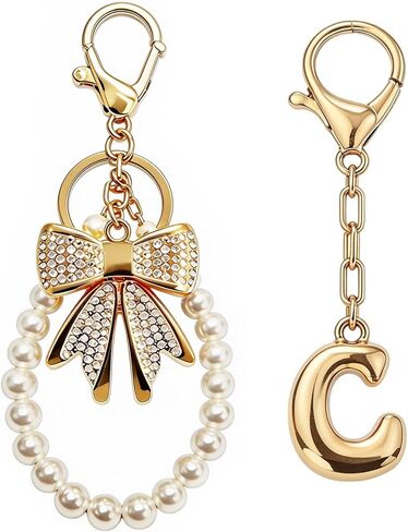 Initial Bag Charms Keychain - 2 Pcs Cute Rhinestone Bow Pearl Keyring Purse Charm for Handbags Women Birthday Gifts in Saudi Arabia