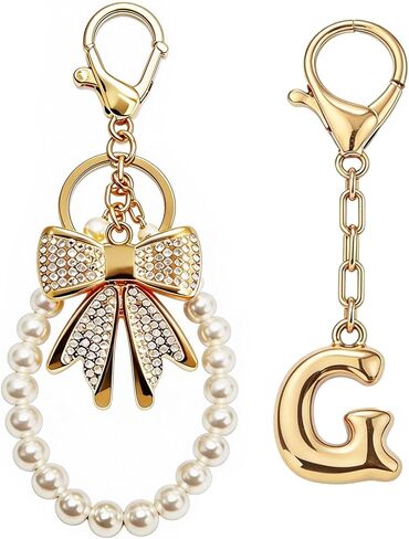 Initial Bag Charms Keychain - 2 Pcs Cute Rhinestone Bow Pearl Keyring Purse Charm for Handbags Women Birthday Gifts in Saudi Arabia