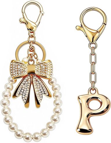 Initial Bag Charms Keychain - 2 Pcs Cute Rhinestone Bow Pearl Keyring Purse Charm for Handbags Women Birthday Gifts in Saudi Arabia