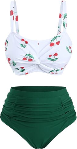 ROSE GAL Women Plus Size High Waisted Bikini Set Cherry Print Twsit Front Tummy Control Bathing Suit in Saudi Arabia