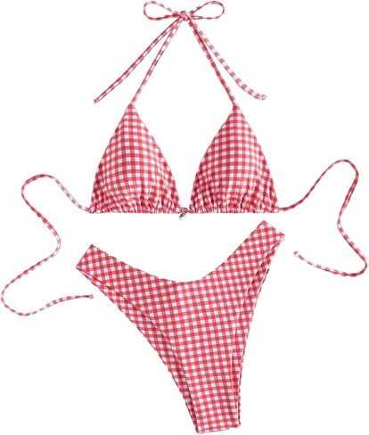 Women's 2 Piece Plaid Gingham Bikini Set Y2K Cute Bikini High Waisted Halter Triangle Swimsuit Bikini Set in Saudi Arabia