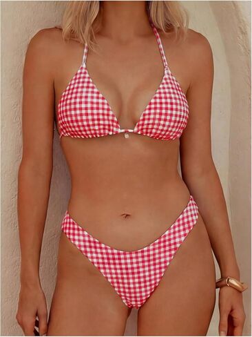 Women's 2 Piece Plaid Gingham Bikini Set Y2K Cute Bikini High Waisted Halter Triangle Swimsuit Bikini Set in Saudi Arabia