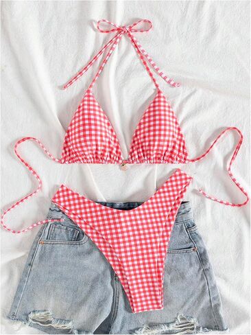 Women's 2 Piece Plaid Gingham Bikini Set Y2K Cute Bikini High Waisted Halter Triangle Swimsuit Bikini Set in Saudi Arabia