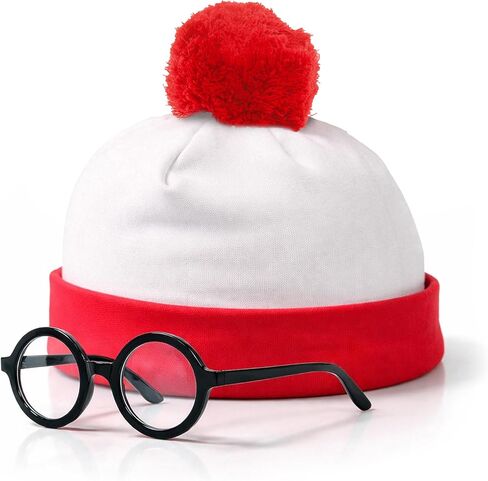 Red and White Striped Pom Pom Beanie Hat with Black Round Frame Glasses - Classic Costume Accessory Set for Teens & Adult Mens womens in Saudi Arabia