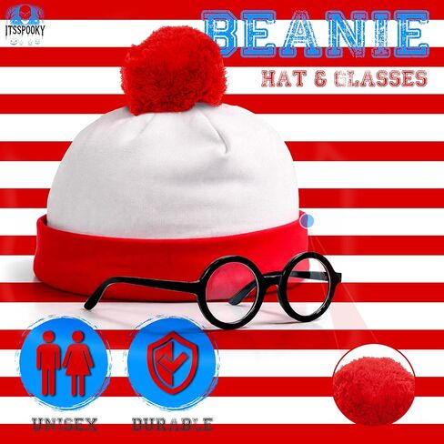 Red and White Striped Pom Pom Beanie Hat with Black Round Frame Glasses - Classic Costume Accessory Set for Teens & Adult Mens womens in Saudi Arabia