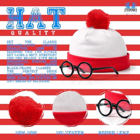 Red and White Striped Pom Pom Beanie Hat with Black Round Frame Glasses - Classic Costume Accessory Set for Teens & Adult Mens womens in Saudi Arabia