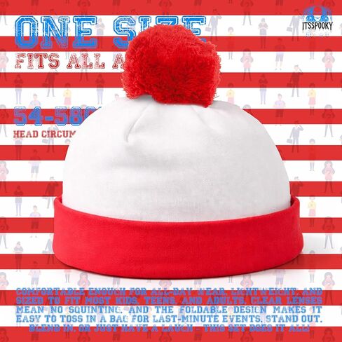 Red and White Striped Pom Pom Beanie Hat with Black Round Frame Glasses - Classic Costume Accessory Set for Teens & Adult Mens womens in Saudi Arabia
