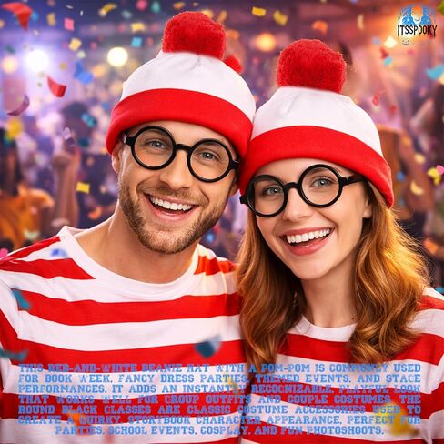 Red and White Striped Pom Pom Beanie Hat with Black Round Frame Glasses - Classic Costume Accessory Set for Teens & Adult Mens womens in Saudi Arabia