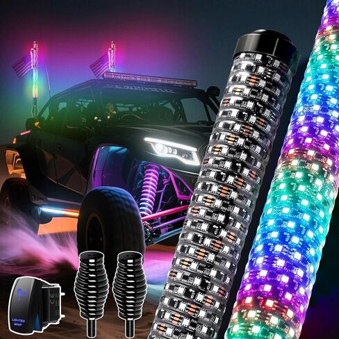 AMONLY 2FT Fat RGB LED ضوء سوط مع مفتاح متأرجح، قاعدة زنبركية مضادة للكسر - تطبيق وهوائي مضاء للطرق الوعرة يتم التحكم فيه عن بعد لسيارات الجيب، ATV، UTV، Polaris RZR، 4 × 4 شاحنات in Saudi Arabia