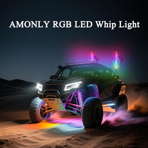 AMONLY 2FT Fat RGB LED ضوء سوط مع مفتاح متأرجح، قاعدة زنبركية مضادة للكسر - تطبيق وهوائي مضاء للطرق الوعرة يتم التحكم فيه عن بعد لسيارات الجيب، ATV، UTV، Polaris RZR، 4 × 4 شاحنات in Saudi Arabia