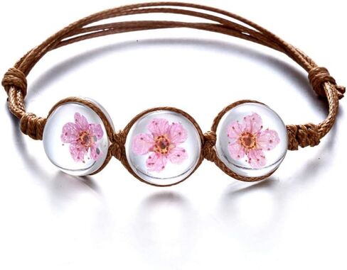 RINHOO Handmade Dry Pressed Flower Cherry Blossom Gemstone Glass Cover Charms Adjustable Rope Strand Bangle Bracelet Women Jewelry(Rose) in Kuwait
