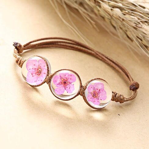 RINHOO Handmade Dry Pressed Flower Cherry Blossom Gemstone Glass Cover Charms Adjustable Rope Strand Bangle Bracelet Women Jewelry(Rose) in Kuwait
