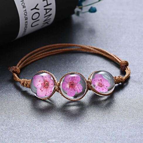 RINHOO Handmade Dry Pressed Flower Cherry Blossom Gemstone Glass Cover Charms Adjustable Rope Strand Bangle Bracelet Women Jewelry(Rose) in Kuwait