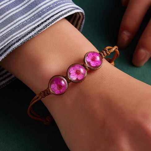 RINHOO Handmade Dry Pressed Flower Cherry Blossom Gemstone Glass Cover Charms Adjustable Rope Strand Bangle Bracelet Women Jewelry(Rose) in Kuwait