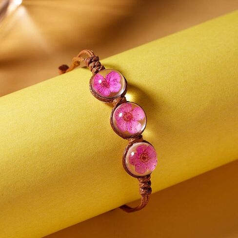 RINHOO Handmade Dry Pressed Flower Cherry Blossom Gemstone Glass Cover Charms Adjustable Rope Strand Bangle Bracelet Women Jewelry(Rose) in Kuwait
