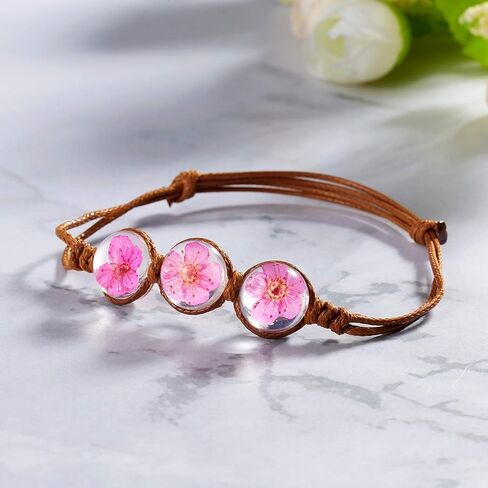 RINHOO Handmade Dry Pressed Flower Cherry Blossom Gemstone Glass Cover Charms Adjustable Rope Strand Bangle Bracelet Women Jewelry(Rose) in Kuwait