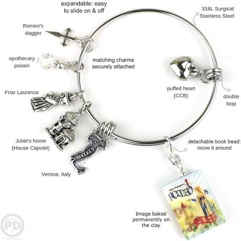 Romeo and Juliet William Shakespeare Clay Mini Book Expandable Stainless Steel Bangle Bracelet in Kuwait