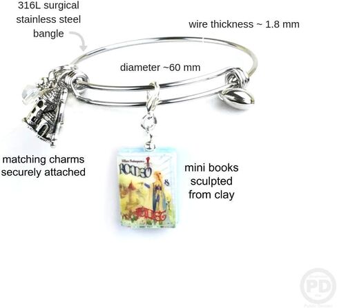 Romeo and Juliet William Shakespeare Clay Mini Book Expandable Stainless Steel Bangle Bracelet in Kuwait
