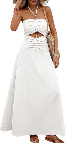 SOLY HUX Women's Halter Maxi Dress Summer Ruched Cut Out Beaded Flowy Dresses Beach Vacation Clothes in Saudi Arabia