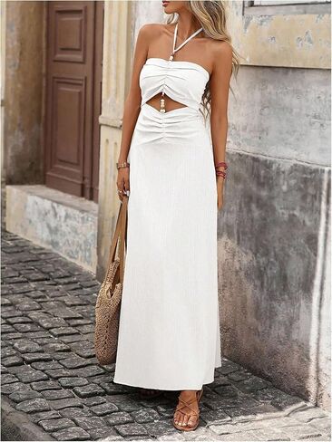 SOLY HUX Women's Halter Maxi Dress Summer Ruched Cut Out Beaded Flowy Dresses Beach Vacation Clothes in Saudi Arabia