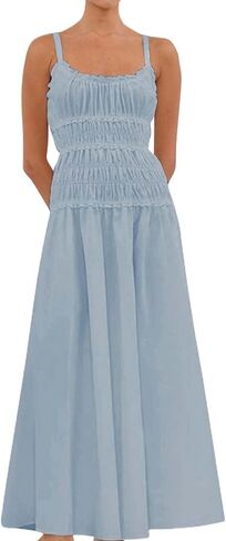 Women Spaghetti Strap Maxi Dress Sleeveless Scoop Neck Ruffle Tiered Elastic Casual Boho Flowy Dress in Saudi Arabia