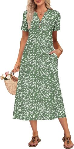 MOLERANI Women's Summer Maxi Dress 2026 Casual Short Sleeves V Neck Button Loose Long Beach Sundress Travel Vacation Outfits in Kuwait
