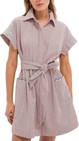 Women's Short Sleeve Striped Mini Shirt Dress Casual Summer Button Down Belted Tunic Dresses with Scalloped Pockets in Saudi Arabia