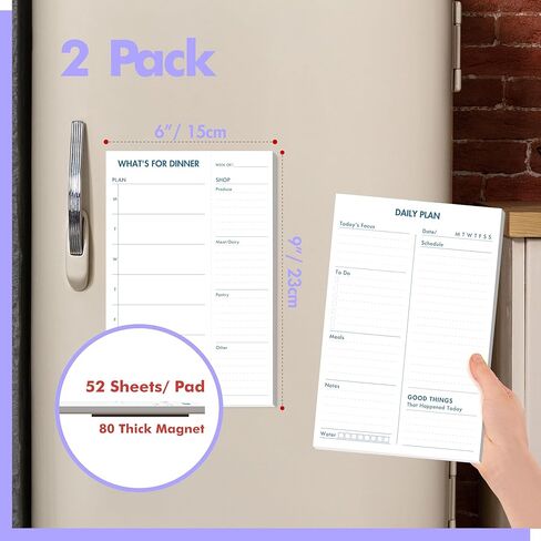 2 Pack Magnetic Planner Pad, What’s for Dinner & Daily Plan, Tear-off Weekly Meal Planning Grocery List Notepad, Family Dinner Menu Shopping List for Fridge, Whiteboard, 52 Sheets per Pad in Saudi Arabia